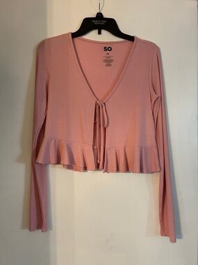 SO Pink Ribbed Long-Sleeve Tie-Front Ruffle Top